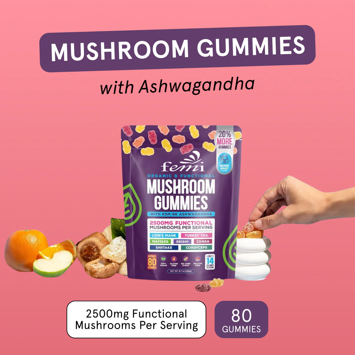 Mushroom Gummies Ashwagandha Shiitake 80 Counts Fruit Flavor