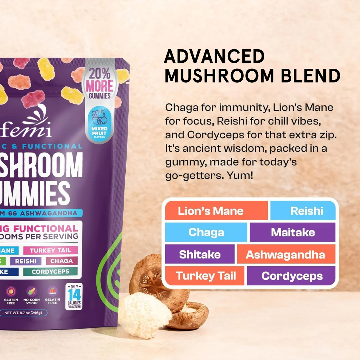 Mushroom Gummies Ashwagandha Shiitake 80 Counts Fruit Flavor