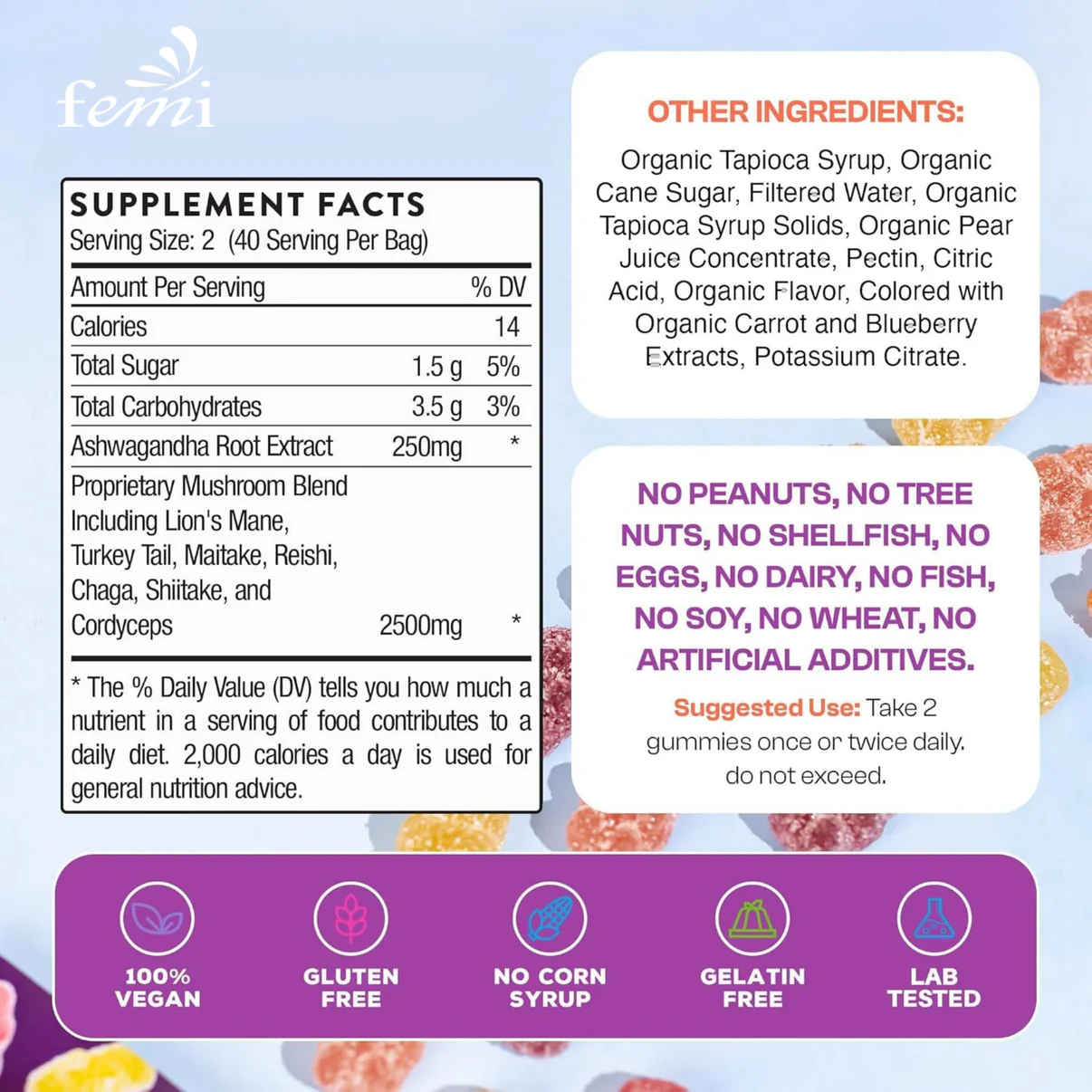 Mushroom Gummies Ashwagandha Shiitake 80 Counts Fruit Flavor